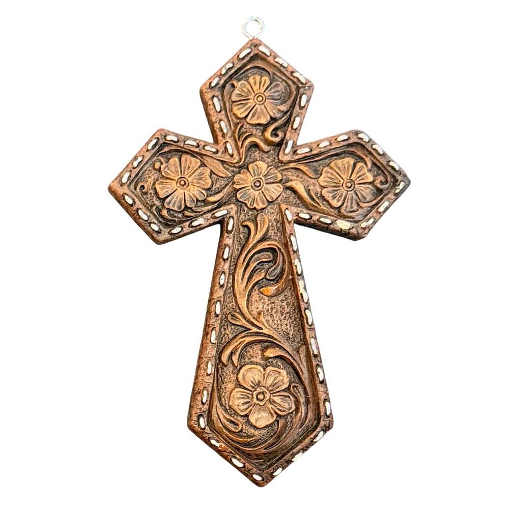 Western-Style Resin Cross Pendant With Leather-Looking Floral Tooling